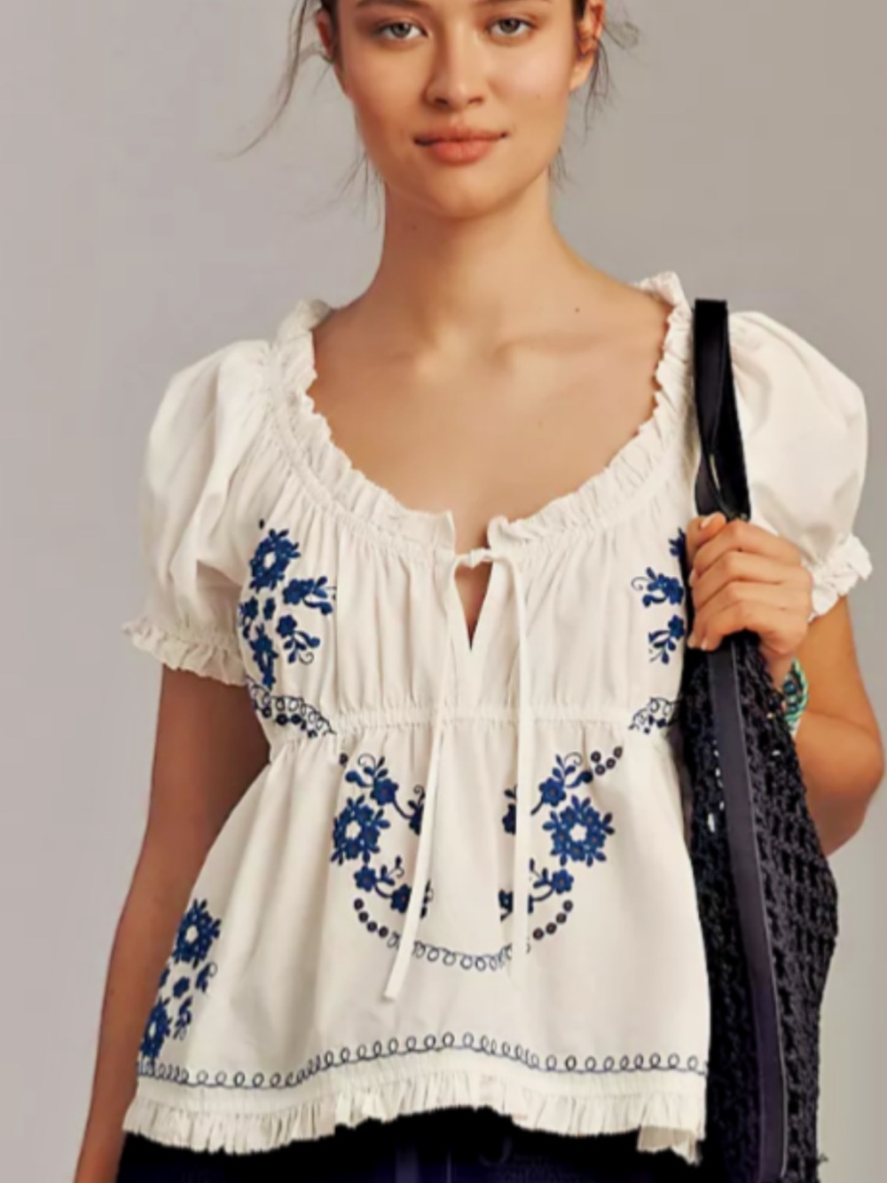 Anthropologie babydoll top White Peasant Top with Blue Floral Embroidery